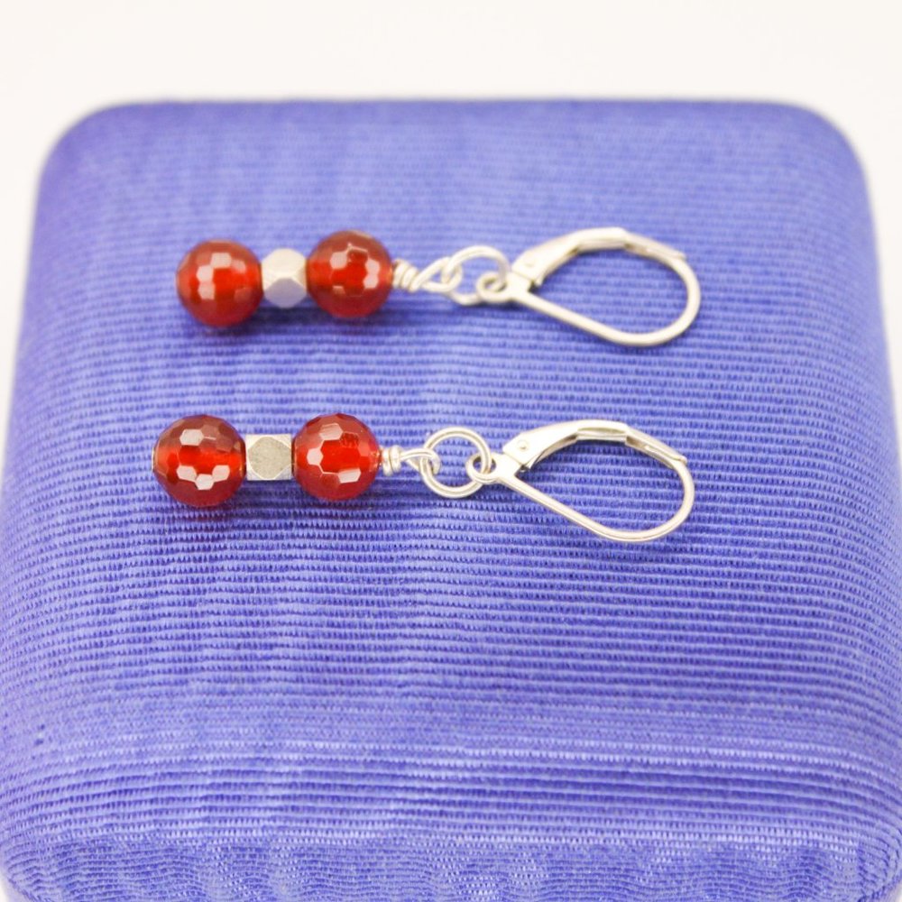 925 Sterling Silver Faceted Carnelian Gemstone Dangle Drop Lever Back Earrings